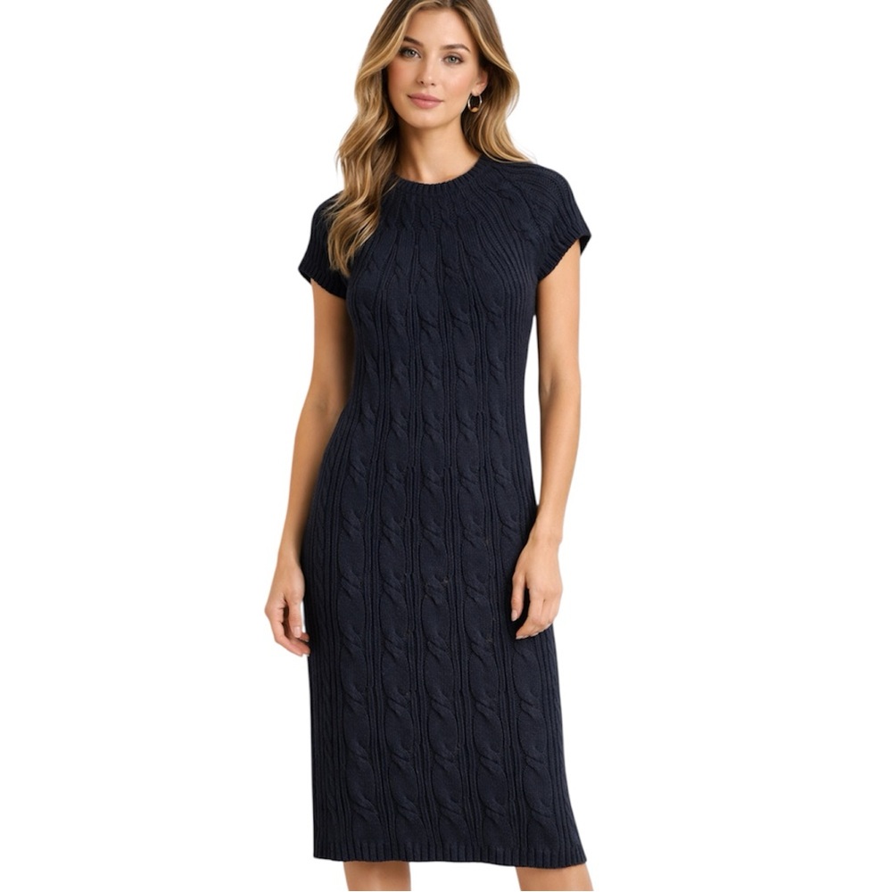 GAP Navy Cotton Cable Knit Cap Sleeve Sweater Dress Size Small